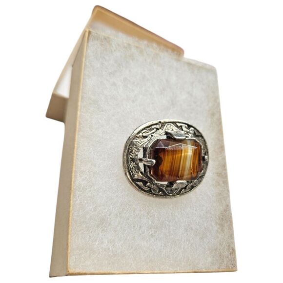 Celtic Pewter Brooch with Yellow Agate Square Stone Agate - Picture 3 of 5